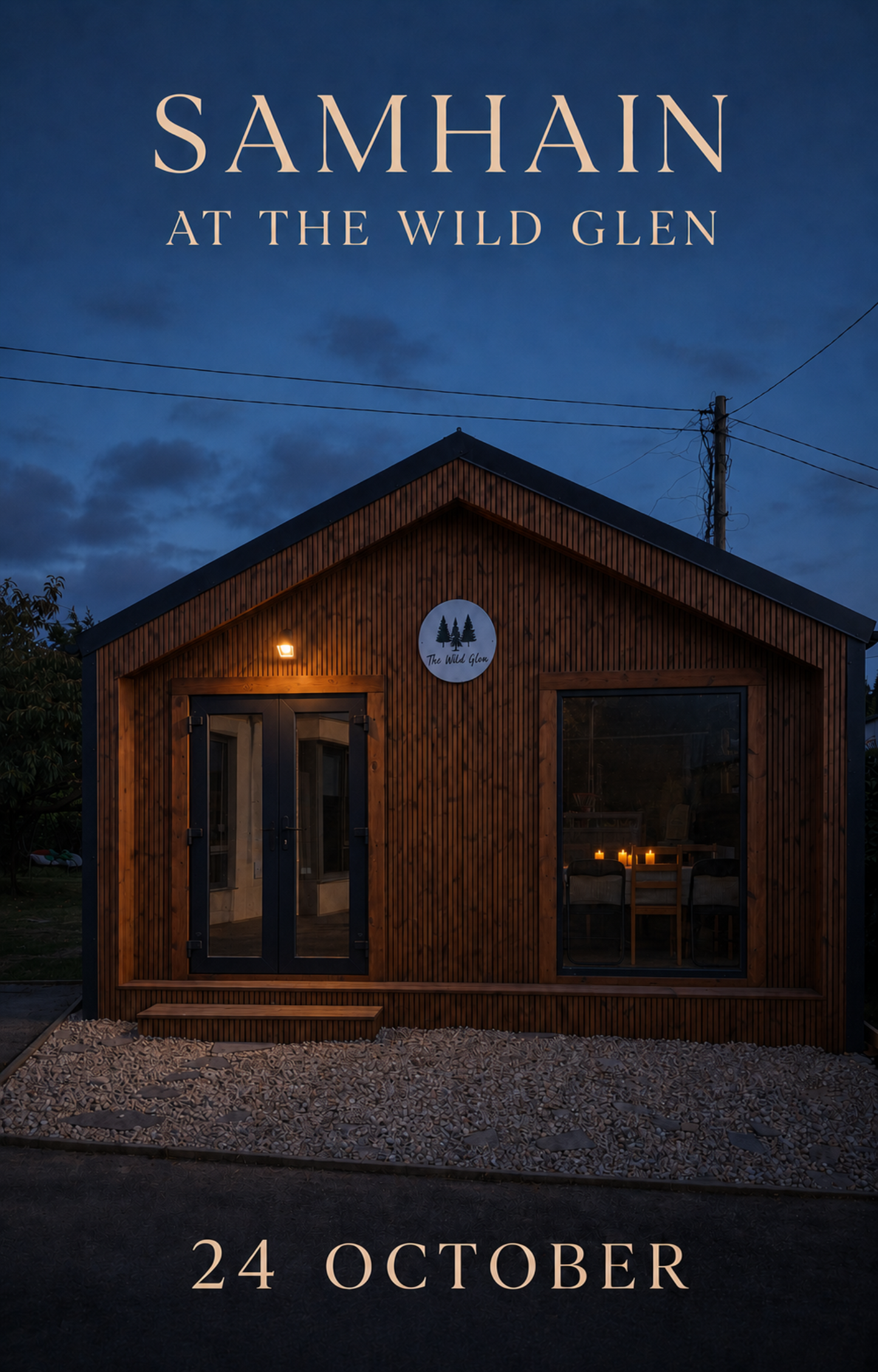 'Samhain at the Wild Glen' featuring a dark wood cabin at dusk under a deep blue twilight sky. The text 'SAMHAIN AT THE WILD GLEN' appears at the top, and '24 OCTOBER' is printed at the bottom.