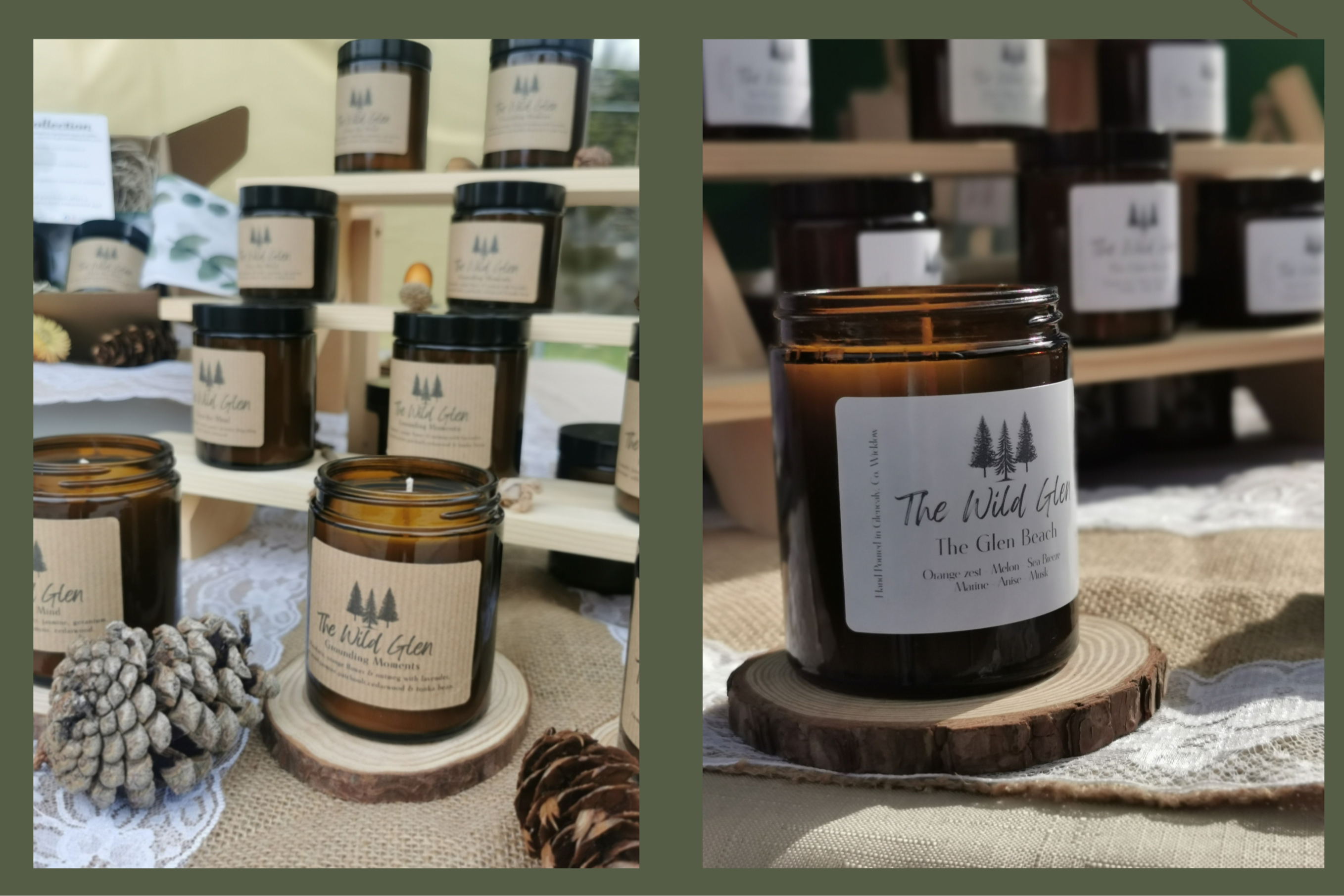 Collage of 'The Wild Glen' products including candles and jars with a woman holding a jar.