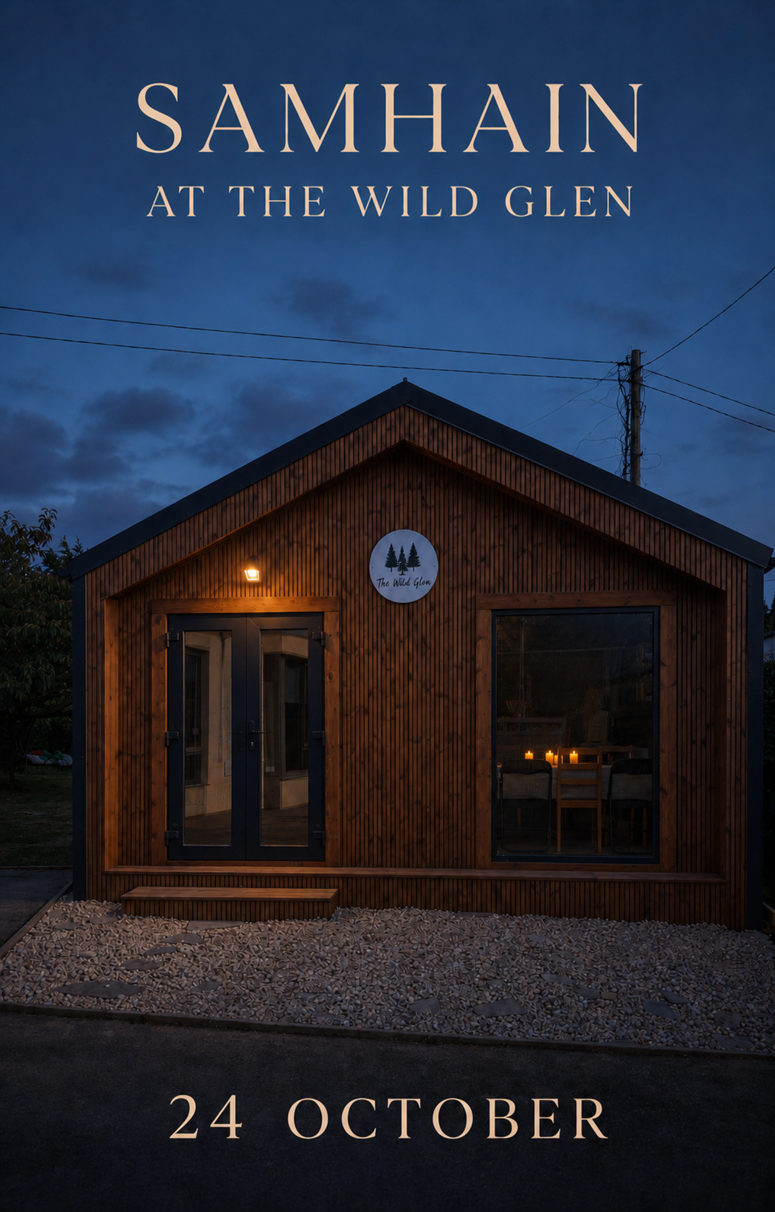 'Samhain at the Wild Glen' featuring a dark wood cabin at dusk under a deep blue twilight sky. The text 'SAMHAIN AT THE WILD GLEN' appears at the top, and '24 OCTOBER' is printed at the bottom.