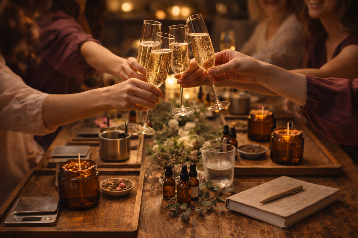 People toasting with champagne glasses at a dinner table with candles and bottles.